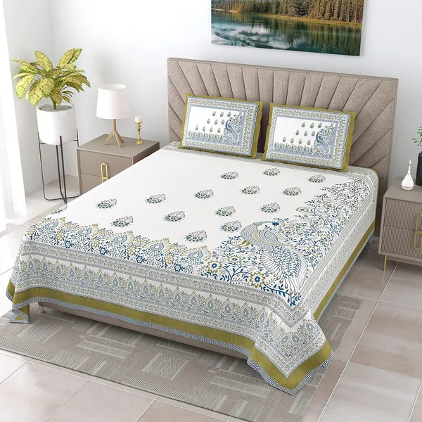 Peacock_Green_Pure_Cotton_King_Size_Bedsheet_With_2_Pillow_Covers