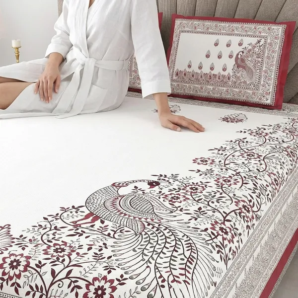 Peacock_Red_Pure_Cotton_King_Size_Bedsheet_With_2_Pillow_Covers