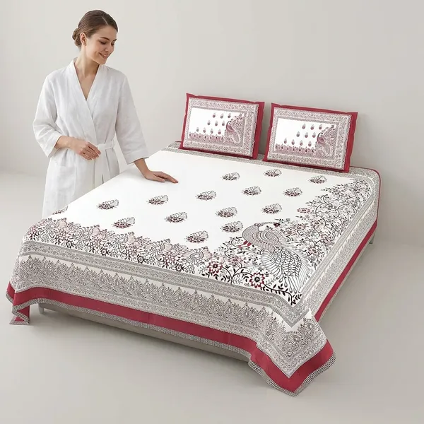 Peacock_Red_Pure_Cotton_King_Size_Bedsheet_With_2_Pillow_Covers