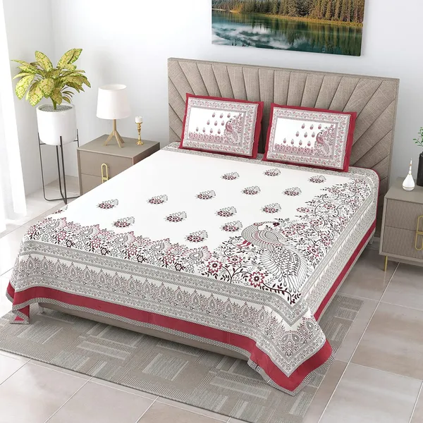 Peacock_Red_Pure_Cotton_King_Size_Bedsheet_With_2_Pillow_Covers