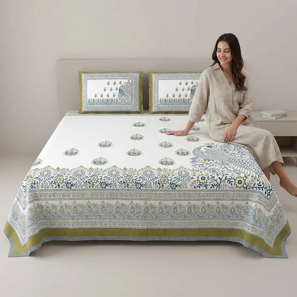 Peacock_Green_Pure_Cotton_King_Size_Bedsheet_With_2_Pillow_Covers
