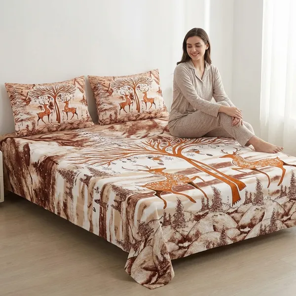 Dual_Deer_Brown_Pure_Cotton_King_Size_Bedsheet_With_2_Pillow_Covers