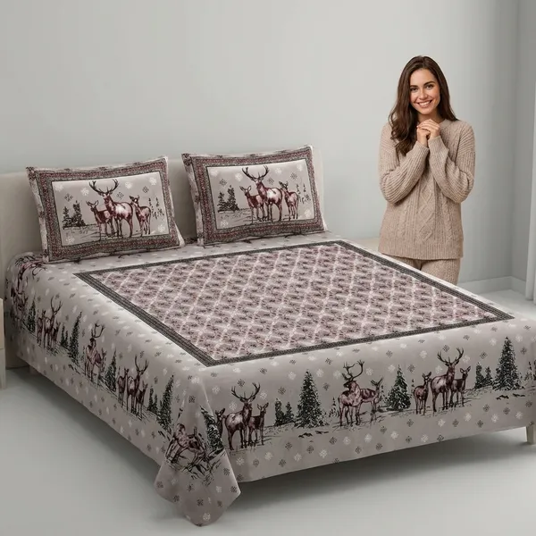 Forest_Deers_Pure_Cotton_King_Size_Bedsheet_With_2_Pillow_Covers_(Grey)
