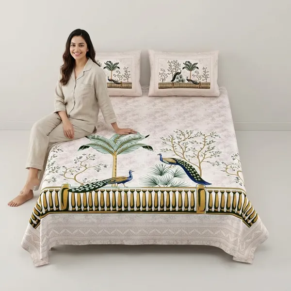 Peacock_Green_Pure_Cotton_King_Size_Bedsheet_With_2_Pillow_Covers