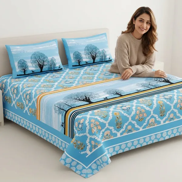 Forrest_Blue_Pure_Cotton_King_Size_Bedsheet_With_2_Pillow_Covers