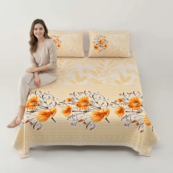 Floral_Striped_Yellow_Pure_Cotton_King_Size_Bedsheet_With_2_Pillow_Covers