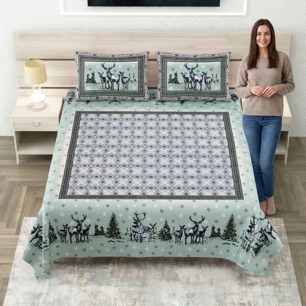 Forest_Deers_Pure_Cotton_King_Size_Bedsheet_With_2_Pillow_Covers_(Turquiose)