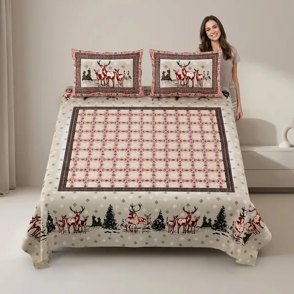 Forest_Deers_Pure_Cotton_King_Size_Bedsheet_With_2_Pillow_Covers_(Brown)