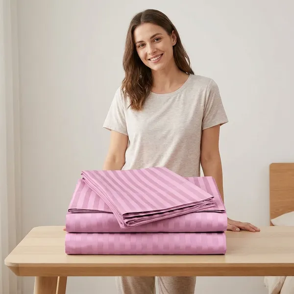 Pillow_Covers_Cotton_Feel_300_TC_Satin_Stripes_Set_Of_2_|_18*28_Inches_(Pink)