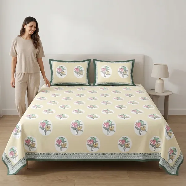 Tropical_Beige_Pure_Cotton_King_Size_Bedsheet_With_2_Pillow_Covers