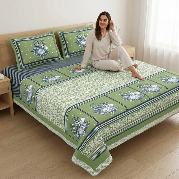 Folk_Dance_Green_Pure_Cotton_King_Size_Bedsheet_With_2_Pillow_Covers