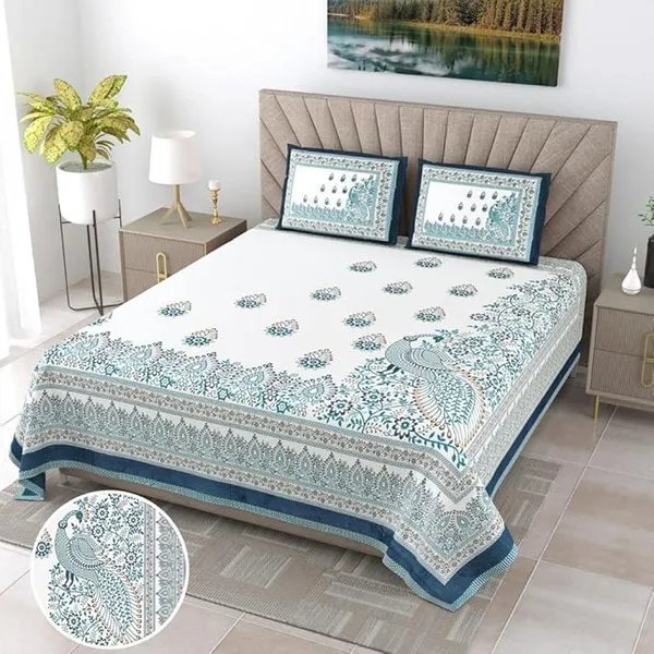 Peacock_Blue_Pure_Cotton_King_Size_Bedsheet_With_2_Pillow_Covers