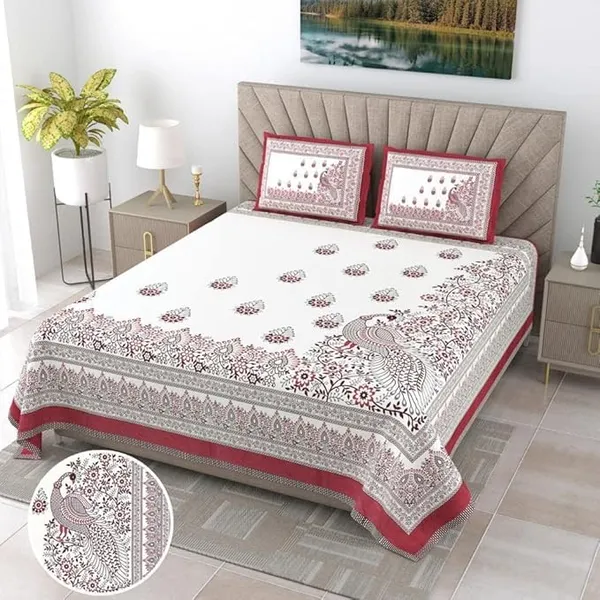 Peacock_Red_Pure_Cotton_King_Size_Bedsheet_With_2_Pillow_Covers