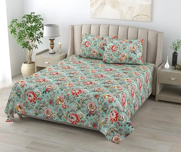 Floral_Sea_Green_Pure_Cotton_Bedsheet_With_Pillow_Covers