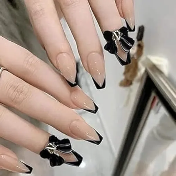 Black_Professional_Press_On_Artificial_Nails_With_French_Tips_And_Bow_For_Women