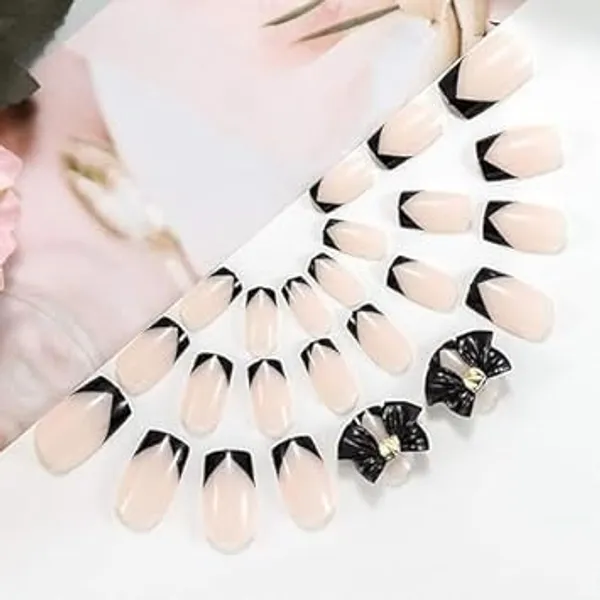 Black_Professional_Press_On_Artificial_Nails_With_French_Tips_And_Bow_For_Women