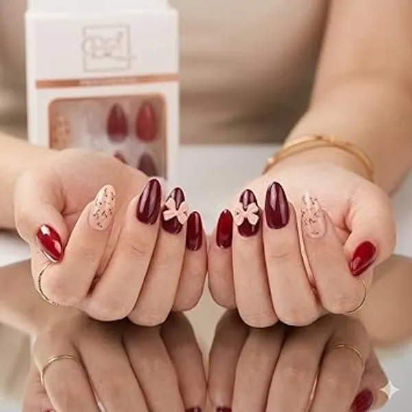 Burgundy_And_Pink_Press_On_Gel_Nail_Set_With_Bow_For_Women