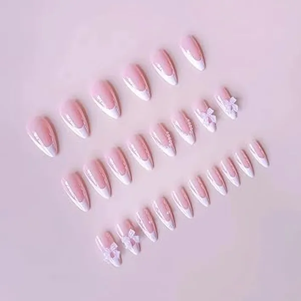 Pink_Professional_Press_On_Fake_Nails_Gradient_With_Bow_And_Pearl_For_Women