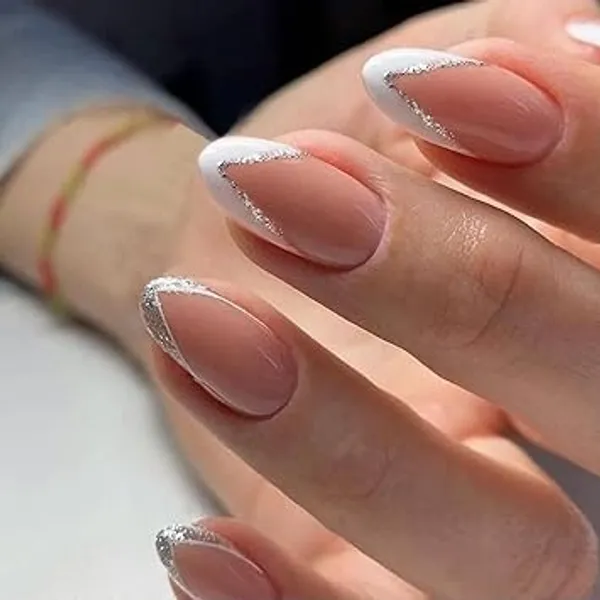 Pink_Professional_Press_On_Nail_Set_With_Silver_Glitter_French_Tips_For_Women