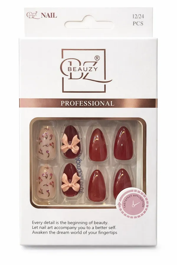 Burgundy_And_Pink_Press_On_Gel_Nail_Set_With_Bow_For_Women