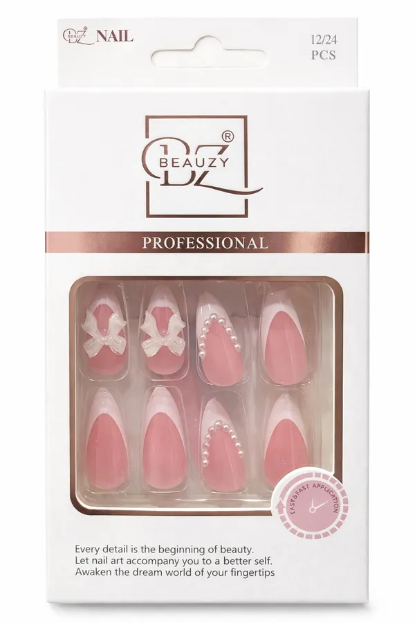 Pink_Professional_Press_On_Fake_Nails_Gradient_With_Bow_And_Pearl_For_Women