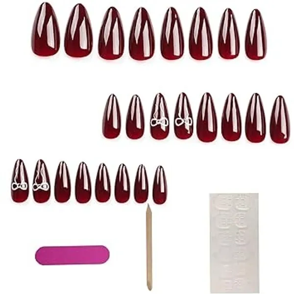 Burgundy_Professional_Press_On_Nails_Set_With_Bow_Accent_For_Women