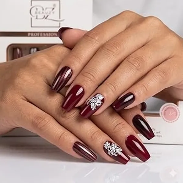 Maroon_Professional_Press_On_Gel_Nail_Set_With_Floral_For_Women