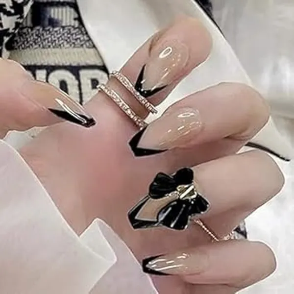 Black_Professional_Press_On_Artificial_Nails_With_French_Tips_And_Bow_For_Women