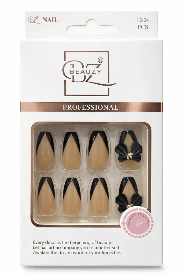 Black_Professional_Press_On_Artificial_Nails_With_French_Tips_And_Bow_For_Women