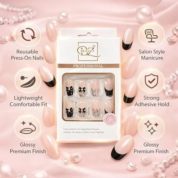 Black_Professional_Press_On_Nail_Set_With_Floral_For_Women
