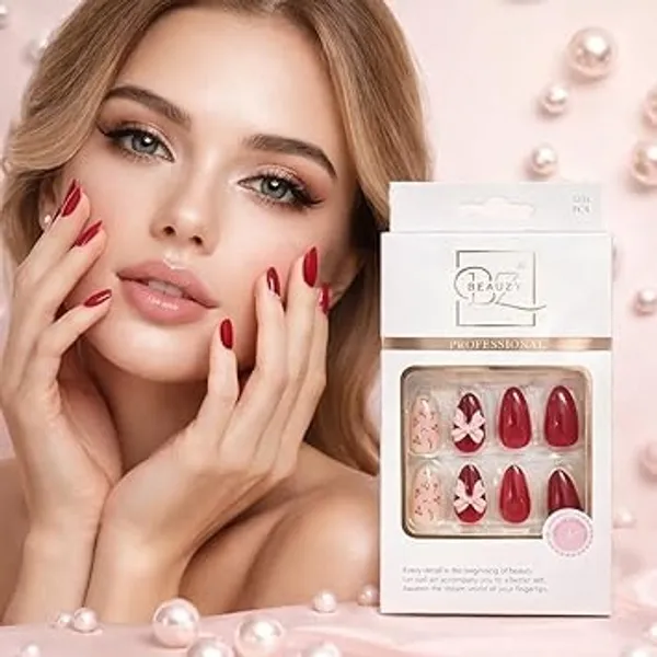 Burgundy_And_Pink_Press_On_Gel_Nail_Set_With_Bow_For_Women