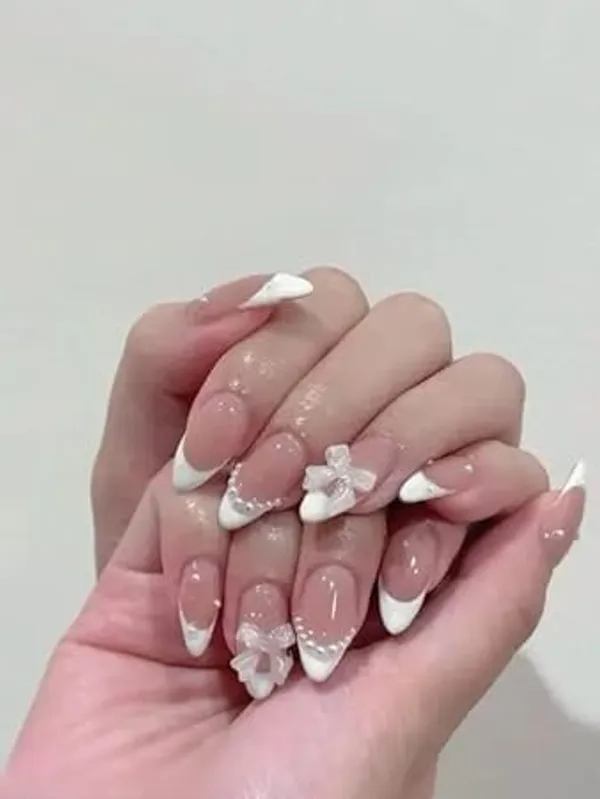 Pink_Professional_Press_On_Fake_Nails_Gradient_With_Bow_And_Pearl_For_Women