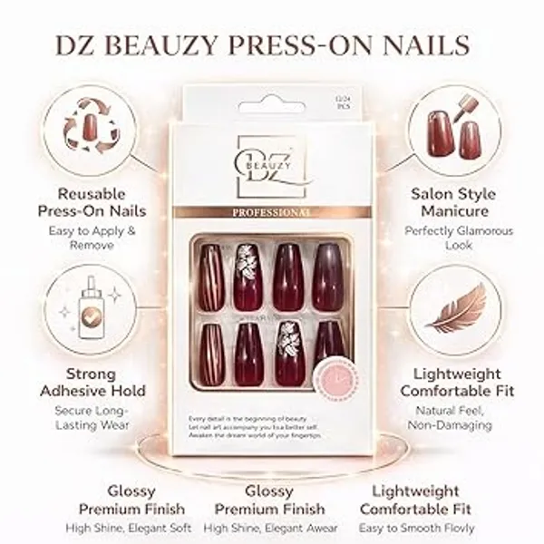 Maroon_Professional_Press_On_Gel_Nail_Set_With_Floral_For_Women