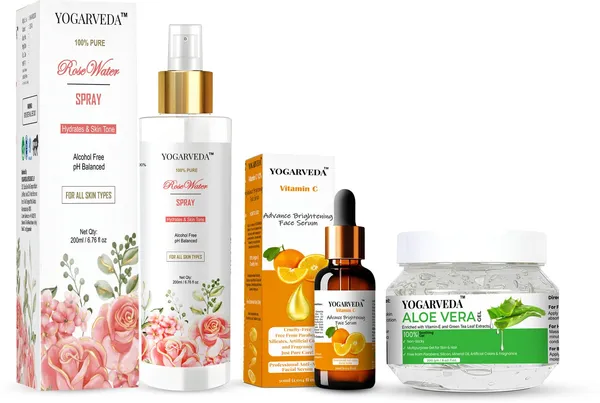 Yogarveda_Aloe_Vera_Gel_(200G)+Vitamin_C_Face_Serum_(30Ml)+Rose_Water_Spray(200Ml)_Combo_(Pack_Of_3_30_Ml_200_Ml_200_G)