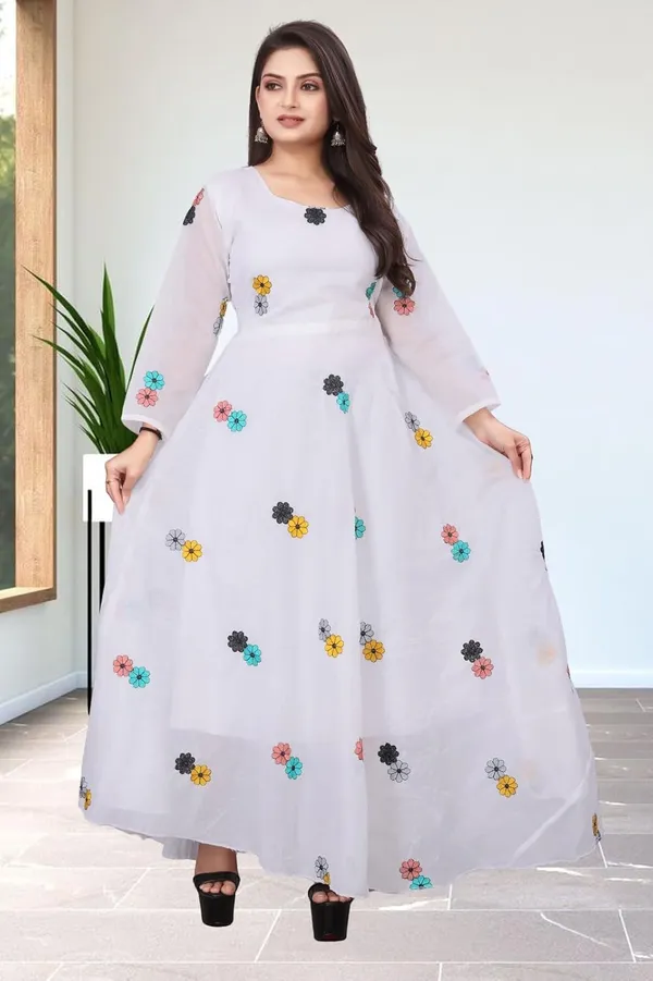 White_Chanderi_Cotton_Gown_Dress_For_Women