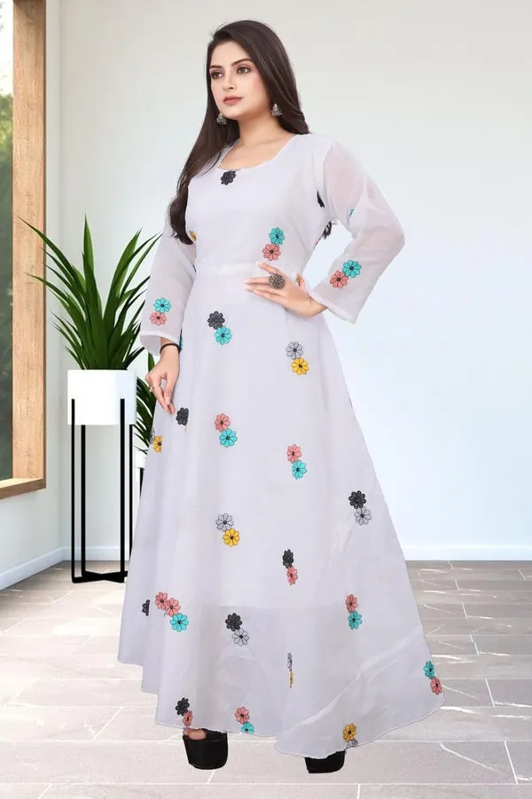 White_Chanderi_Cotton_Gown_Dress_For_Women