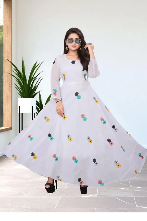White_Chanderi_Cotton_Gown_Dress_For_Women