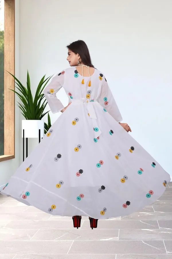 White_Chanderi_Cotton_Gown_Dress_For_Women