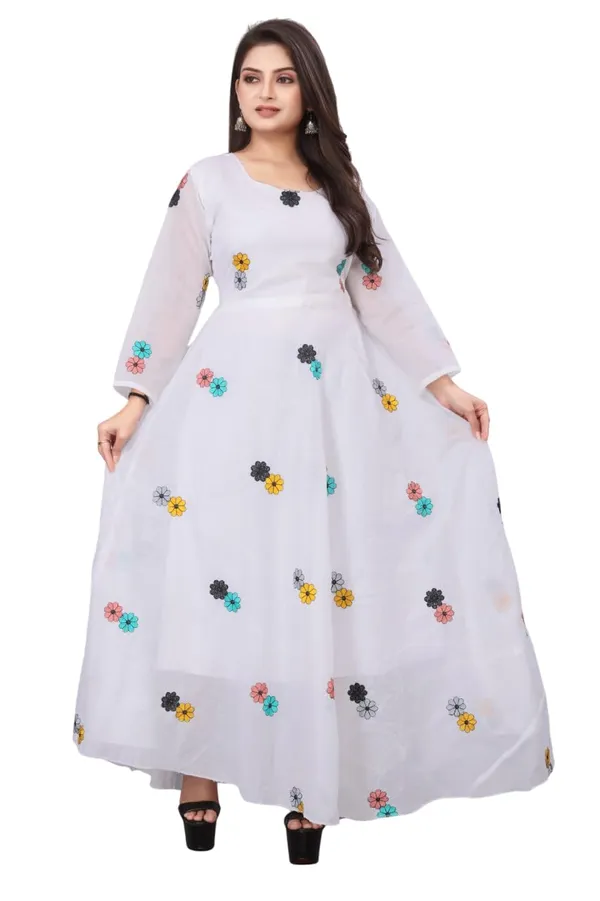 White_Chanderi_Cotton_Gown_Dress_For_Women