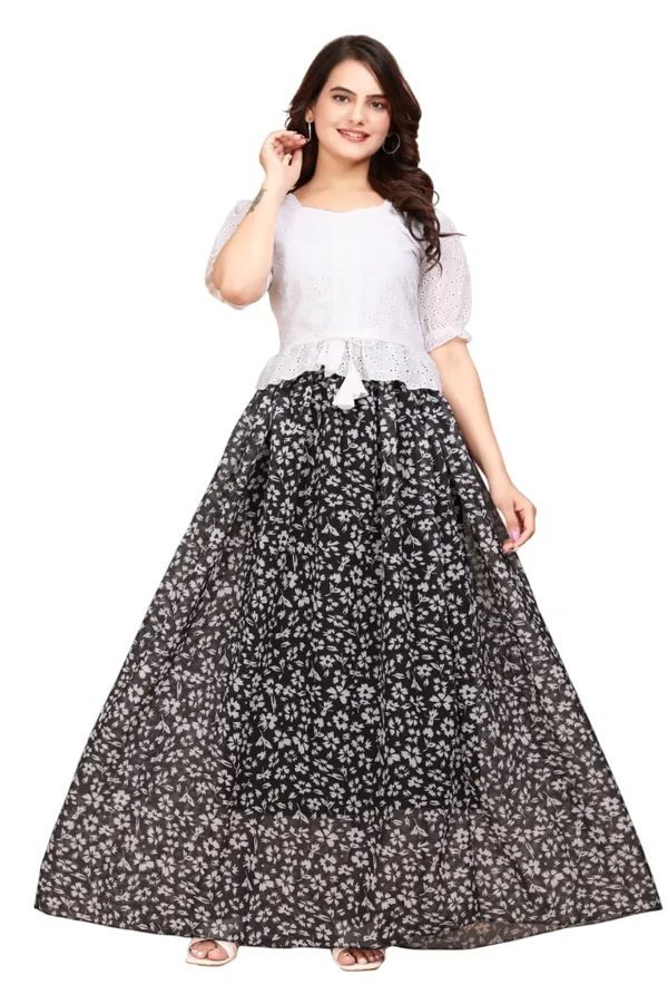 White_Cotton_And_Georgette_Dress_Set_For_Women