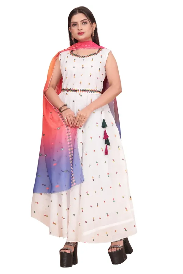 White_Chanderi_Cotton_And_Georgette_Gown_Dress_&_Dupatta_For_Women