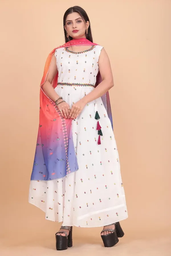 White_Chanderi_Cotton_And_Georgette_Gown_Dress_&_Dupatta_For_Women