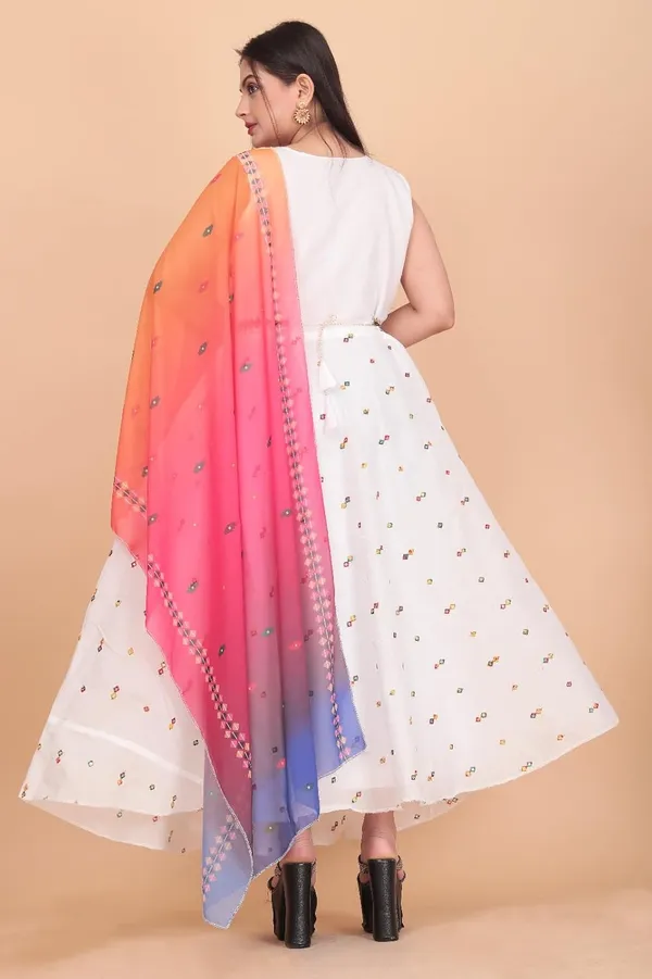 White_Chanderi_Cotton_And_Georgette_Gown_Dress_&_Dupatta_For_Women