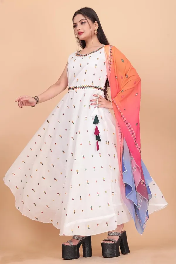 White_Chanderi_Cotton_And_Georgette_Gown_Dress_&_Dupatta_For_Women