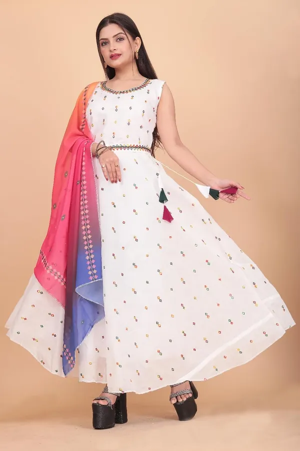 White_Chanderi_Cotton_And_Georgette_Gown_Dress_&_Dupatta_For_Women