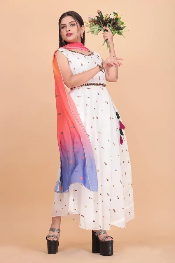 White_Chanderi_Cotton_And_Georgette_Gown_Dress_&_Dupatta_For_Women