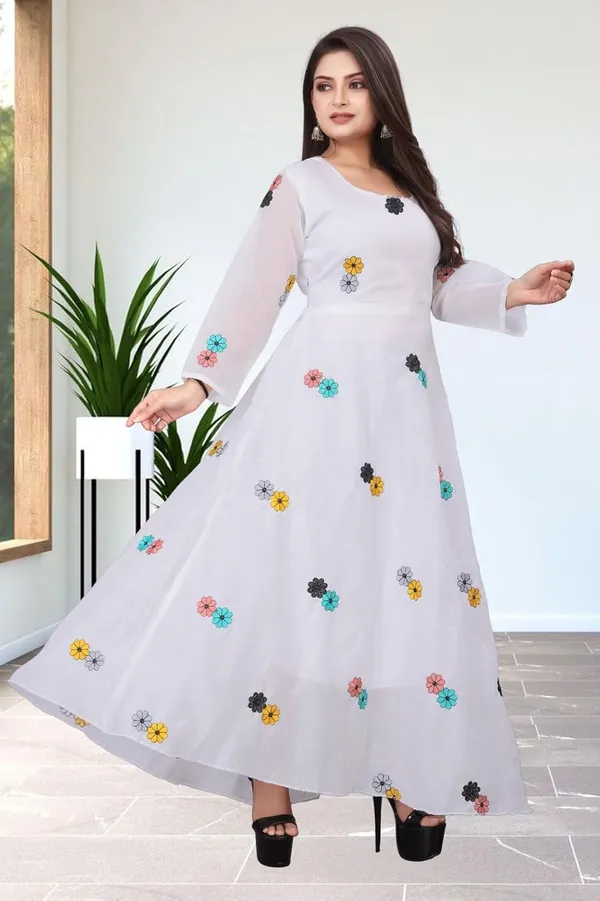 White_Chanderi_Cotton_Gown_Dress_For_Women