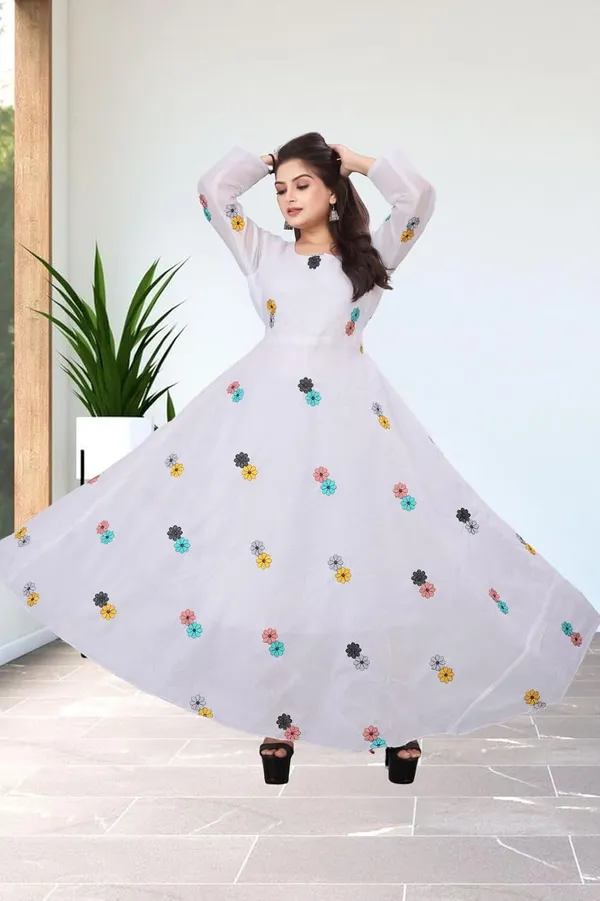 White_Chanderi_Cotton_Gown_Dress_For_Women