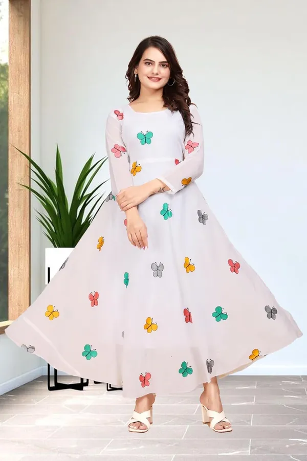 White_Chanderi_Cotton_Gown_Dress_For_Women
