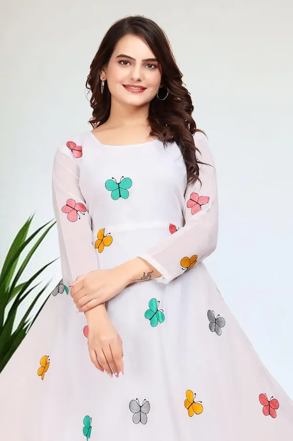White_Chanderi_Cotton_Gown_Dress_For_Women